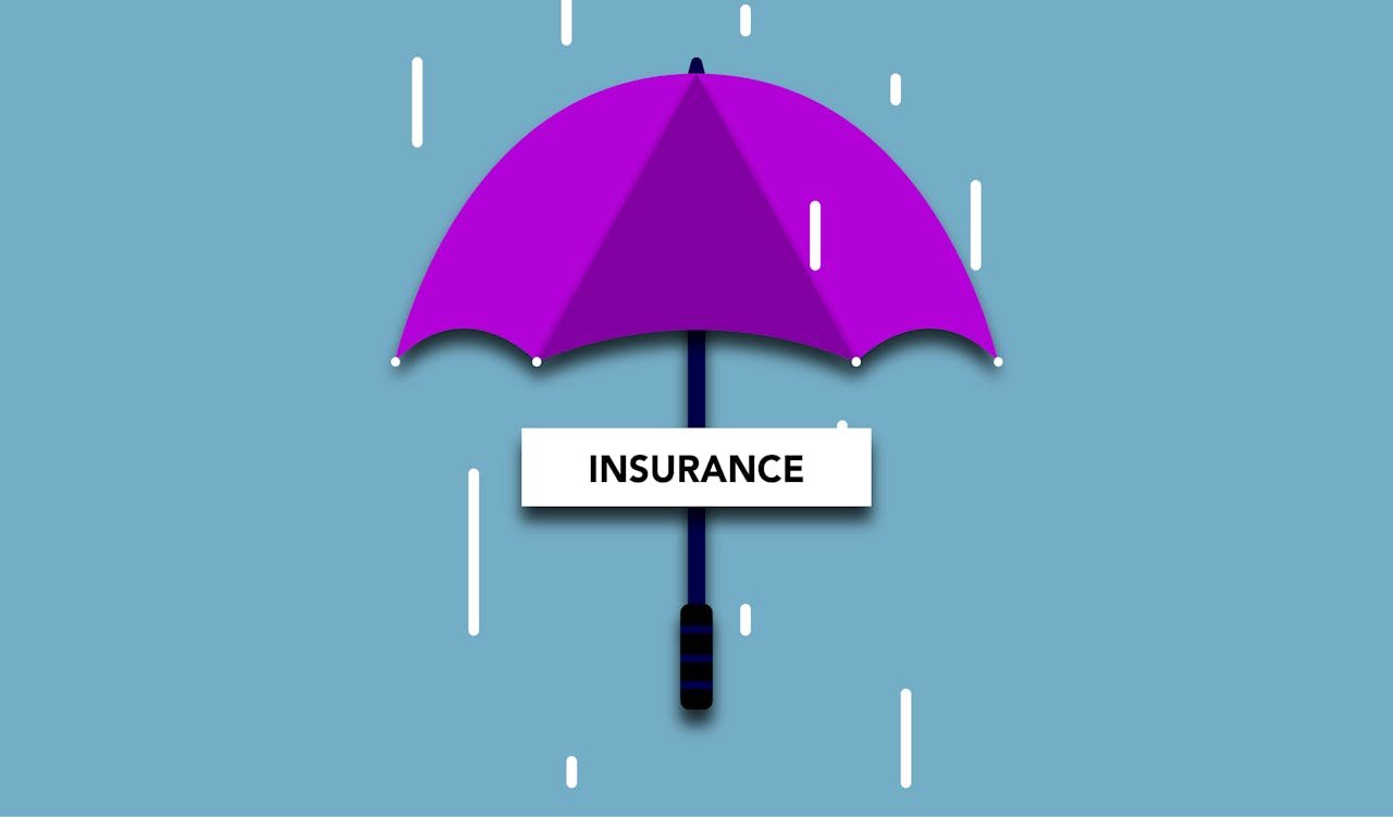 Mastering the First Impression: Your intriguing post title goes here Decorative cardboard illustration of signboard with Insurance title under umbrella in rain on blue background